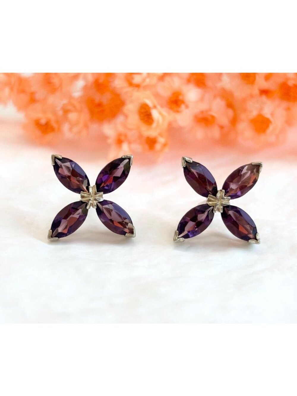 Amethyst Floral 4 Petal Marquise Cut Sterling Silver Vintage 925 Stud Earrings